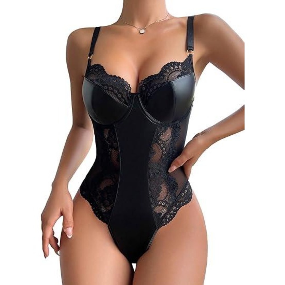 MSRP $34 Lilosy Women's 3XL Black One Piece Sexy Leather Underwire Push Up